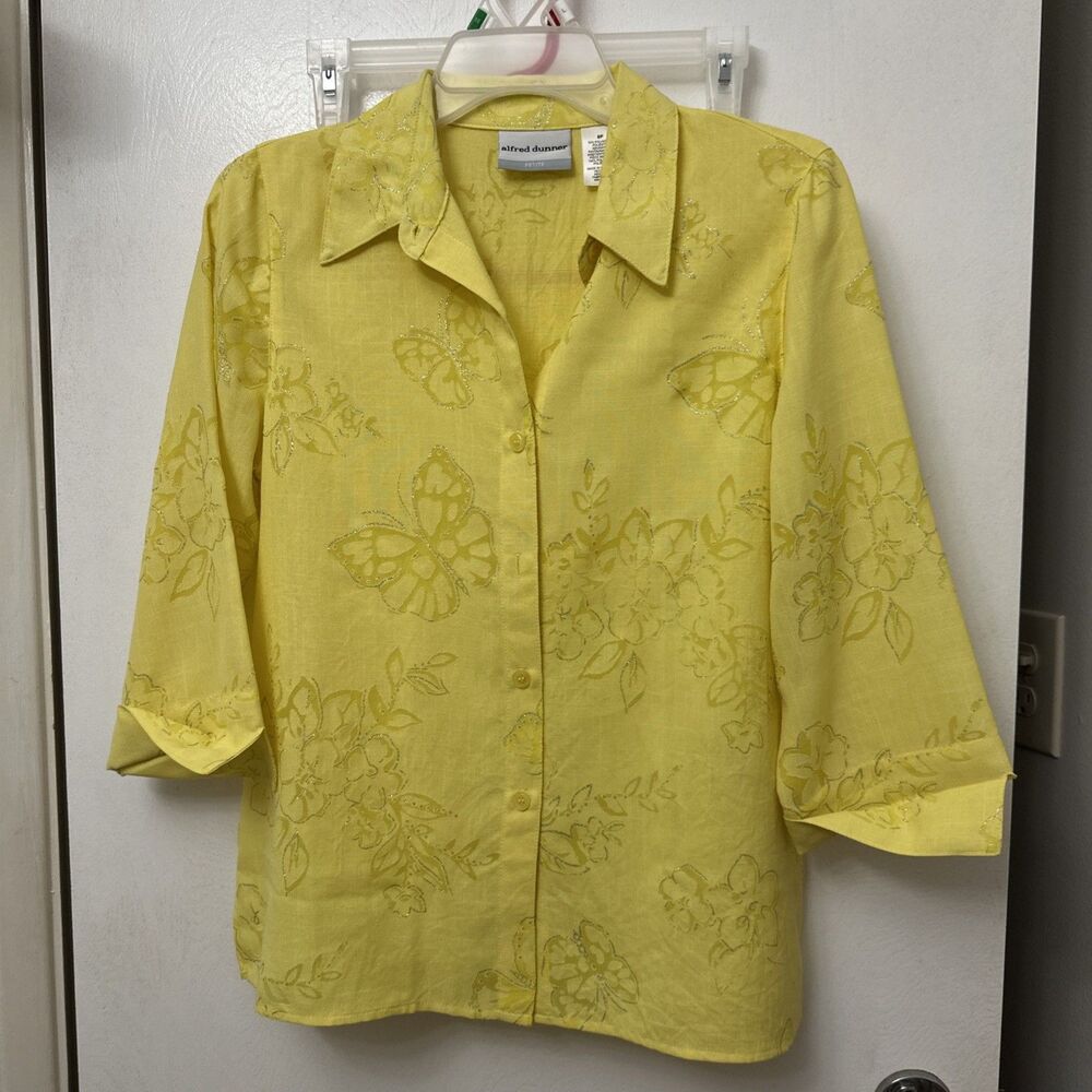 Alfred Dunner Size 8 Petite Yellow Three-Quarter Length Sleeve Blouse